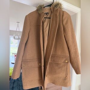 J. Crew Tan Coat with Faux Fur Hood